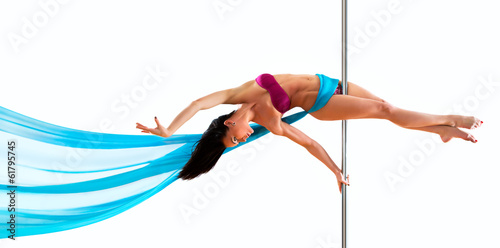 Fotografie, Obraz Young pole dance woman. Bright white colors.