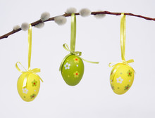 Three Easter Eggs Hanging From Willow Twig