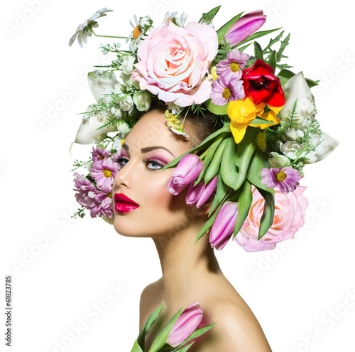 Naklejka ścienna Beauty Spring Girl with Flowers Hair Style