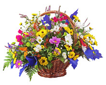 Flowers Bouquet Arrangement Centerpiece In Wicker Basket Isolate
