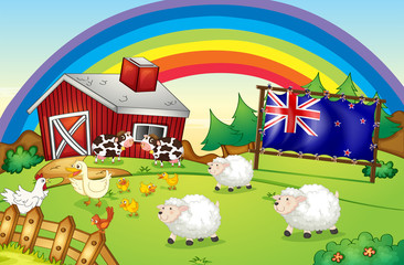 Wall Mural - A farm with a rainbow and a framed flag of New Zealand