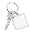 one house key and square keychain on ring