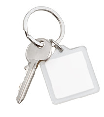 one house key and square keychain on ring