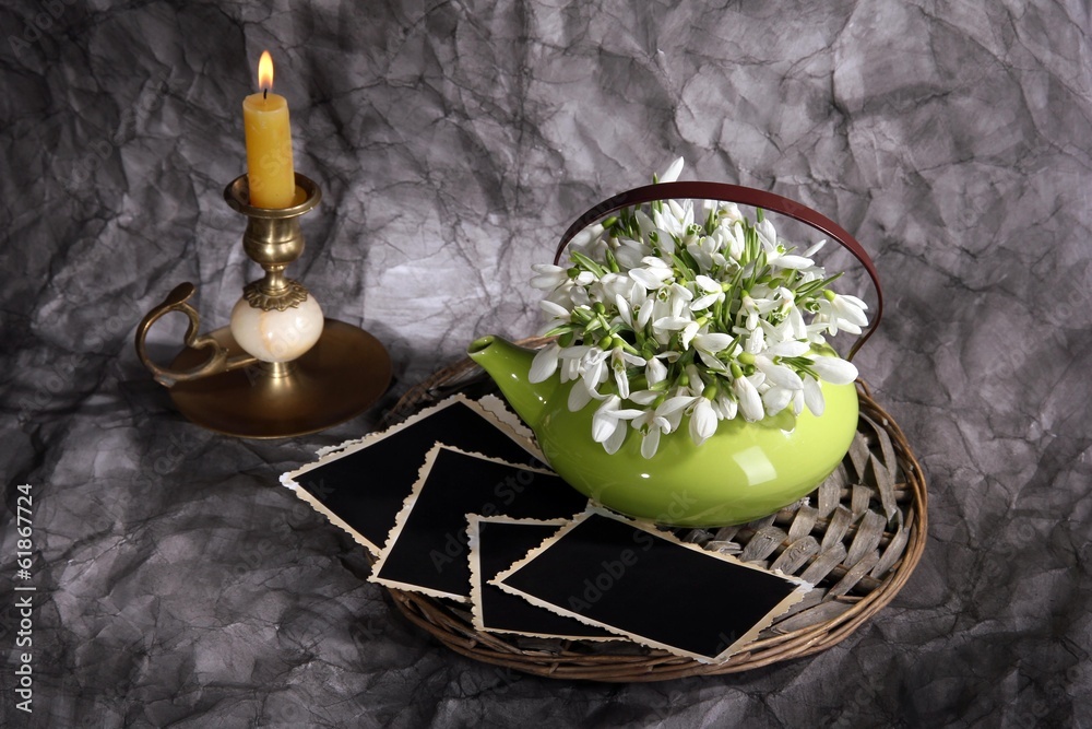 Composition with beautiful snowdrops in vase, candle,