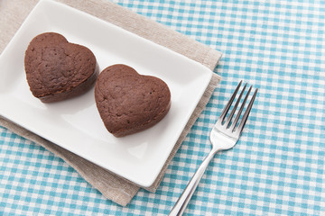 Chocolate Valentine Cake on blue cloth (heart shape)