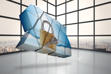 Poster - Composite image of lock and key on abstract screen