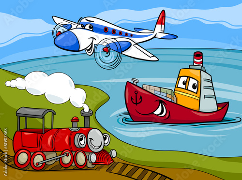Naklejka na kafelki plane ship train cartoon illustration