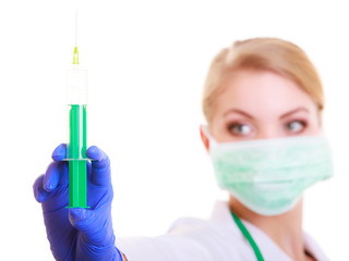 Poster - Woman in mask and lab coat. Doctor nurse with syringe.