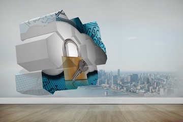 Poster - Composite image of lock and key on abstract screen
