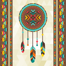 Ethnic Background With Dreamcatcher In Navajo Design.