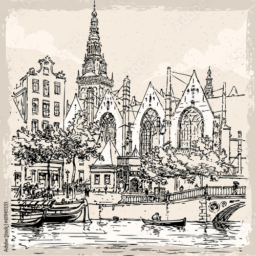 Naklejka dekoracyjna Vintage Hand Drawn View of Old Church in Amsterdam