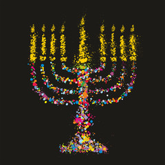 Grunge jewish colorful Chanukiah on black background,Vector