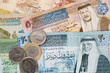 Jordanian dinar banknotes and coins background