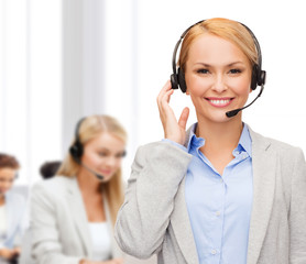 Poster - friendly female helpline operator at office