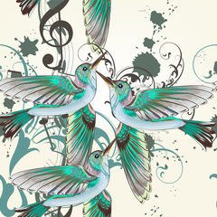 Poster - Seamless vector pattern with humming birds in watercolor style