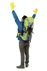 Poster - male hiker with backpack raised his arm