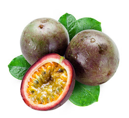 Sticker - Wet passion fruits with leaves isolated on white