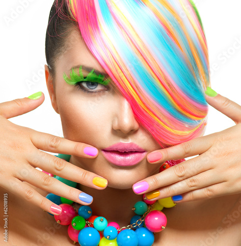 Obraz w ramie Beauty Girl Portrait with Colorful Makeup, Hair and Accessories