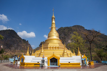 Golden pagoda on the mountain at Myanmar