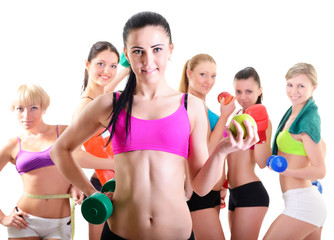 Wall Mural - group of fitness girls, portrait of sport young women with perfe