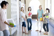 students standing still at hallway of school