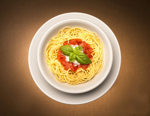 dish with spaghetti and tomato sauce  on brown background