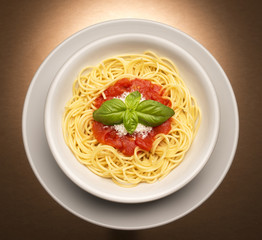 Wall Mural - dish with spaghetti and tomato sauce  on brown background