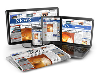 Poster - News. Media concept. Laptop, tablet pc, phone and newspaper.