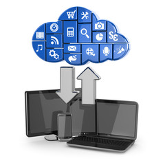 Poster - Cloud computing. Laptop, tablet pc and phone.
