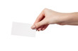 Businesswoman's hand holding blank business card