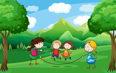 Poster - Four kids playing outdoor near the trees