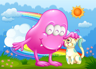 Wall Mural - A pink monster and a cat at the hilltop with a rainbow in the sk