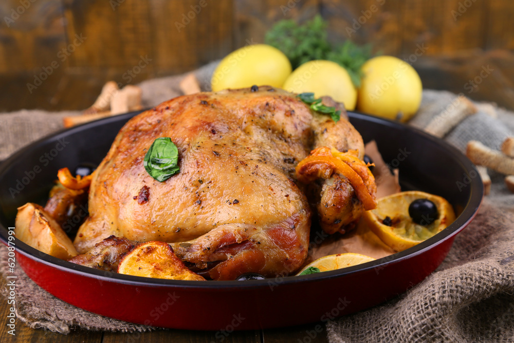 Whole roasted chicken with vegetables