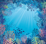 Underwater in daylight. Illustration of sea plants and fish