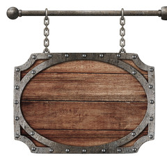 Wall Mural - medieval wooden sign hanging on chains isolated on white