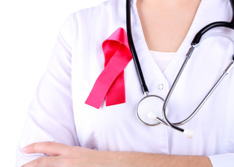 Canvas Print - Doctor  with ribbon formed Aids symbol, close-up, isolated