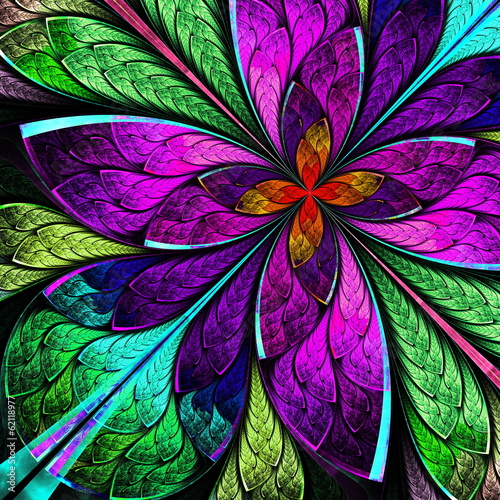 Plakat na zamówienie Beautiful multicolor fractal flower in stained glass window styl