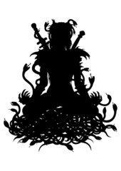 Silhouette of warrior woman in lotus with snakes