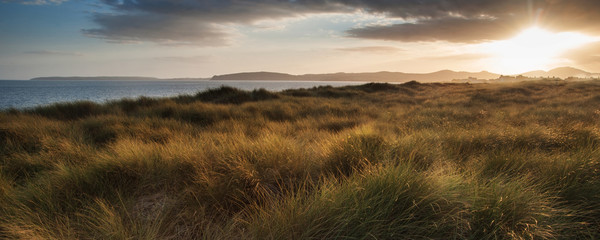 Panorama landscape beautiful beach scene during sunset