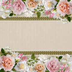 Border of flowers with lace on vintage background