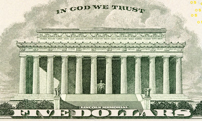 Wall Mural - Lincoln memorial on paper five dollars bill