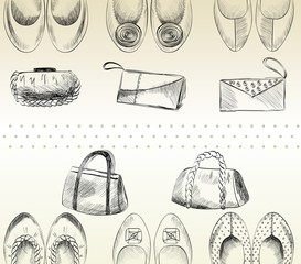 Wall Mural - fashion  handbags and shoes. Hand drawn illustration.