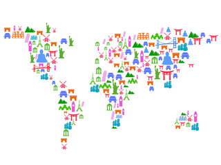  World map made of landmark icons