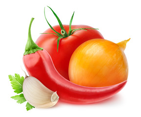 Wall Mural - Isolated vegetables. Fresh tomato, onion, pepper and garlic (ketchup ingredients) isolated on white background