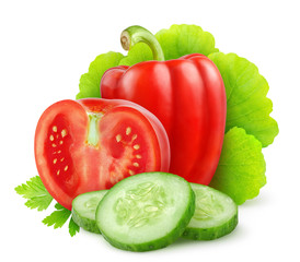 Wall Mural - Isolated fresh vegetables. Cucumber slices, tomato and bell pepper (salad ingredients) isolated on white background