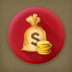 Wall Mural - Moneybag and coins, long shadow vector icon