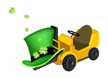 Yellow Forklift Truck Loading Four Leaf Clovers