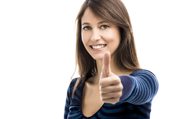 Sticker - Beautiful woman with thumbs up isolated over a white background