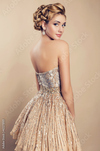 beautiful blond woman in elegant beige dress Poster