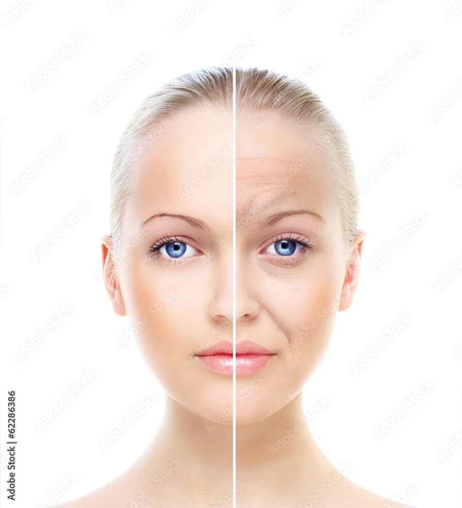 Beautiful woman's portrait isolated on white, before and after - obrazy, fototapety, plakaty 